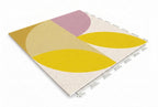 Colorful geometric-patterned PVC tiles on a white background