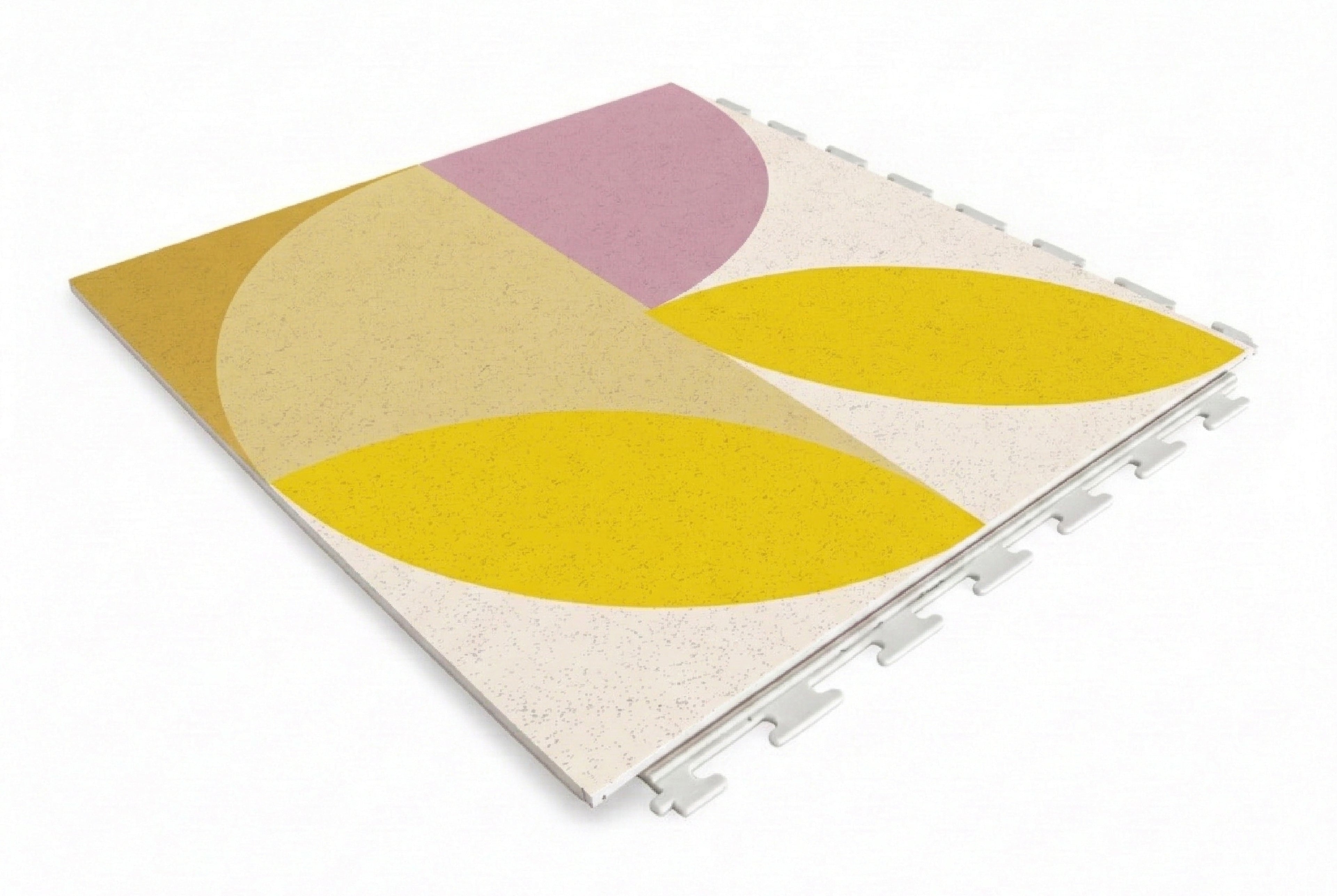 Colorful geometric-patterned PVC tiles on a white background