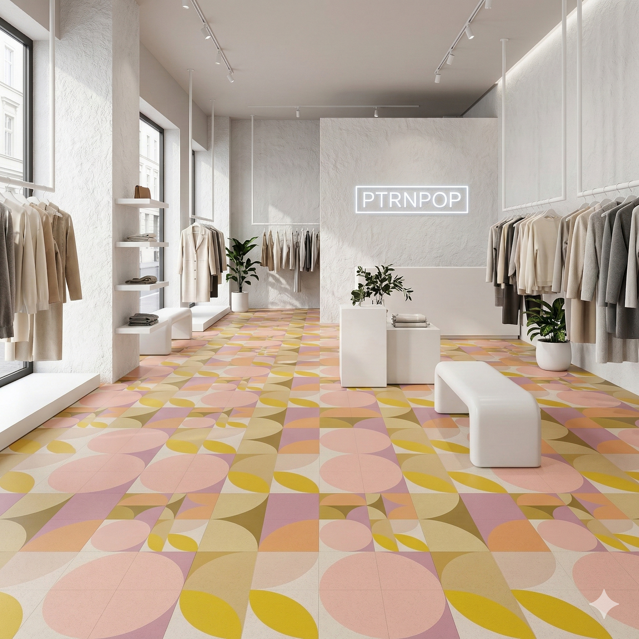 Modern clothing store interior with colorful geometric patterned floor and PTRNPOP branding.