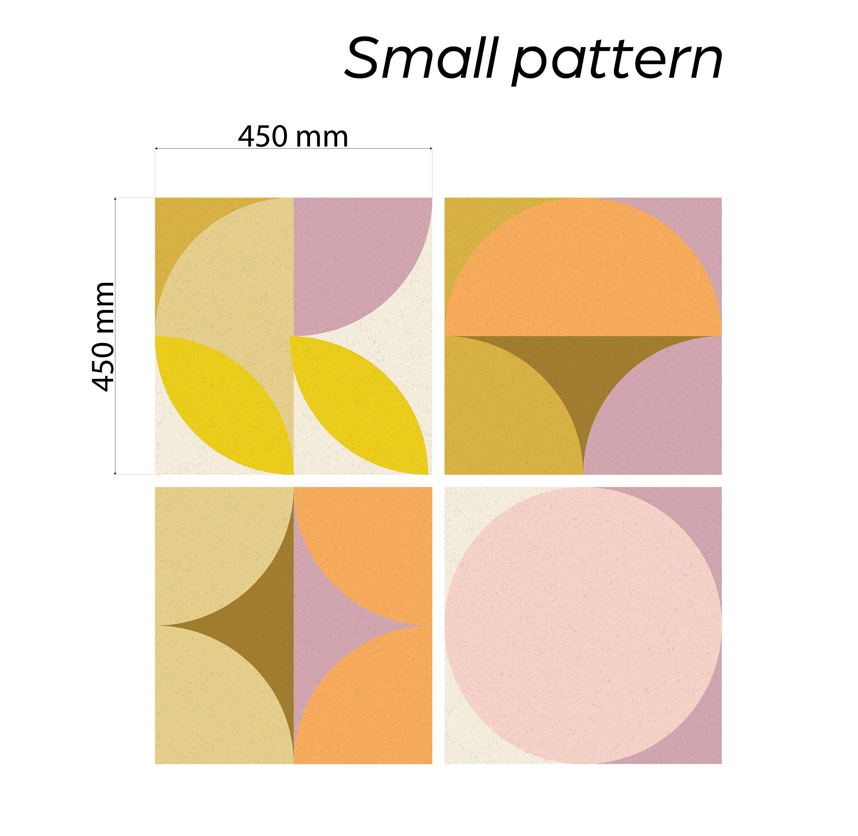 Geometric patterned tiles with dimensions on a white background